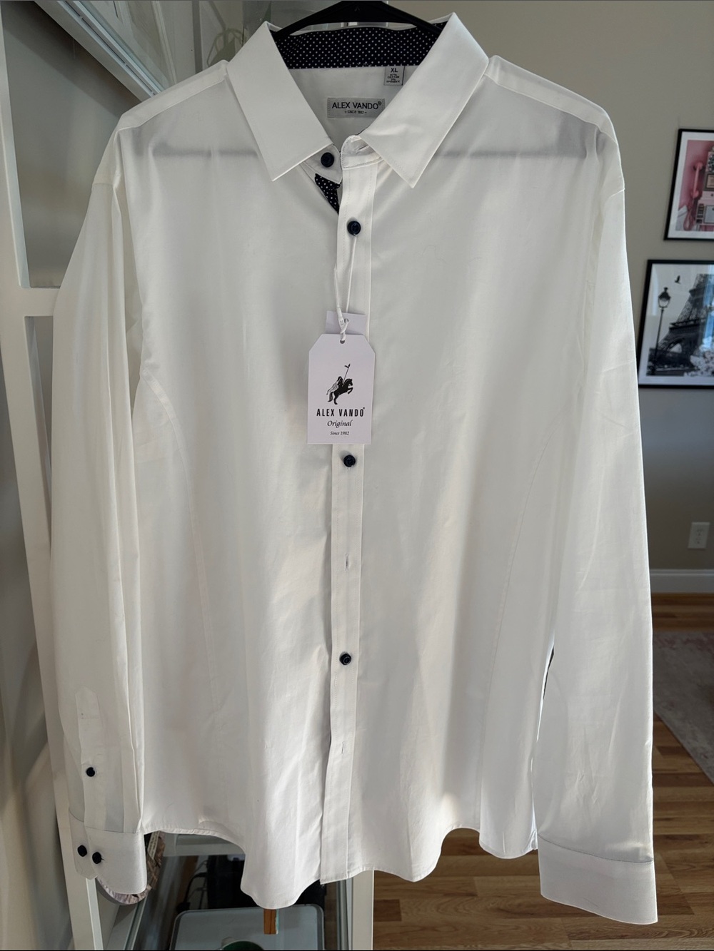 Men's NWT Alex Vando White Dress Shirt with Navy Polka Dot Trim